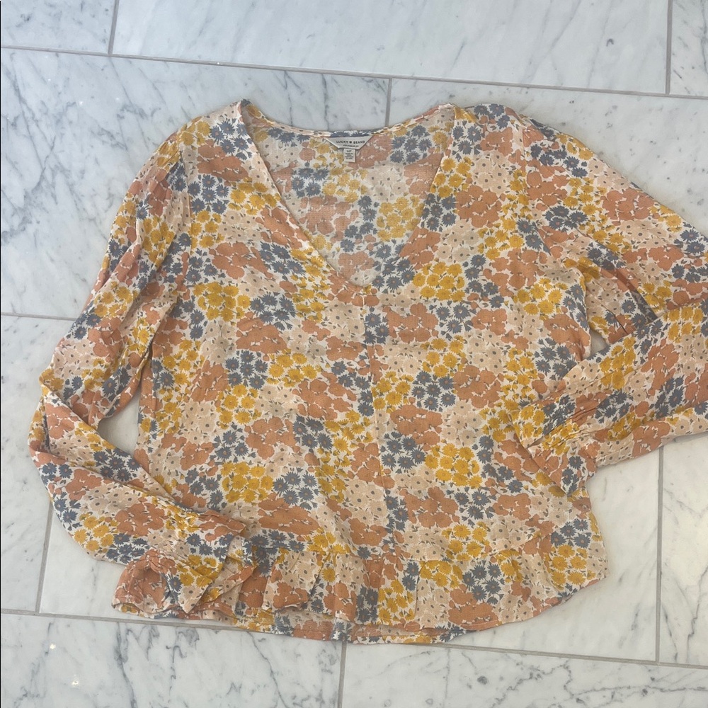 Lucky Brand Floral V-Neck Blouse - Orange, Yellow, blue